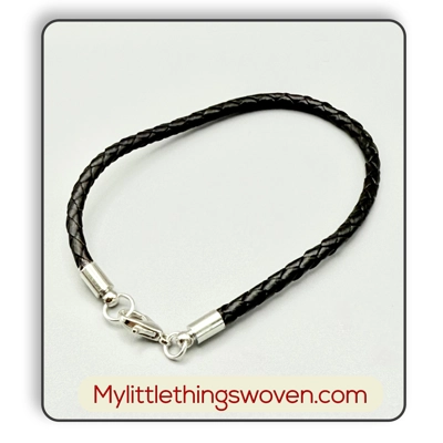 Men's Black Real Leather Braided Cord Bracelets, Silver Plated