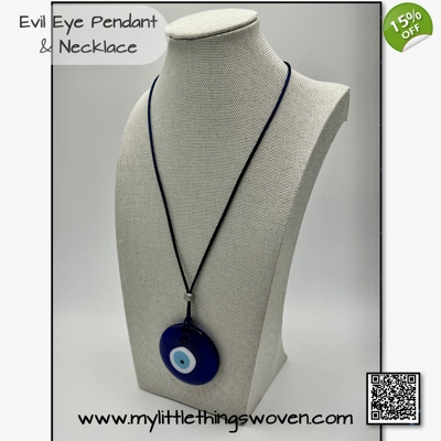 Murano Glass Evil Eye Pendant & Necklace Blue, 20" Long Silk Cord