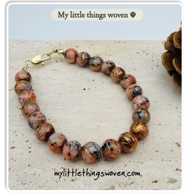 Chocolate/Brown 8mm Round Opaque Draw bench style, Beaded Bracelet, Gold Plated, Handmade