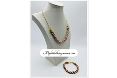 Gold Two-Toned Brown And Cream Necklace And Bracelet 2 Piece Set