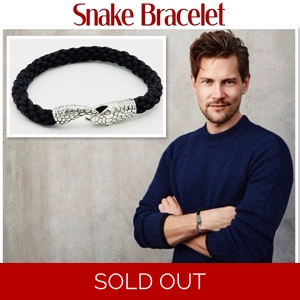Men's Silver Snake Braided Cord Bracelet Black Kumihimo Cord