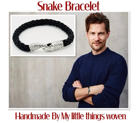 Men's Silver Snake Braided Cord Bracelet Black Kumihimo Cord