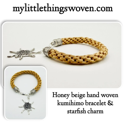 Honey Beige Kumihimo Braided Bracelet with Silver Starfish Dangle Charm