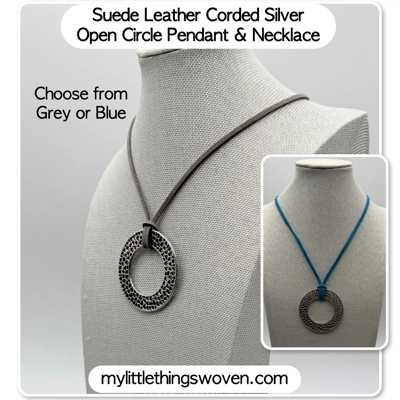 Silver Open Circle Pendant/Necklace, Suede Leather Cord - Blue/Grey
