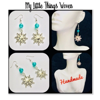 Silver Plated Turquoise Beaded Earrings with Sunburst Charm. Dangle Drop Boho Earrings