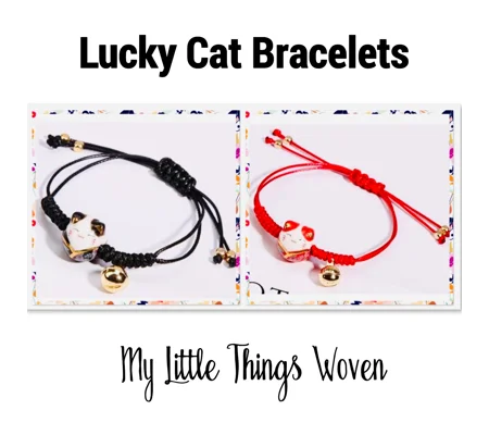 Chinese Ceramic Lucky Cat String Bracelet Hand Woven