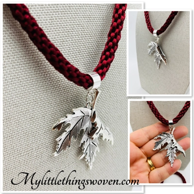 Leaf Pendant & Necklace And Charm Bracelet, Handwoven Silk,Silver