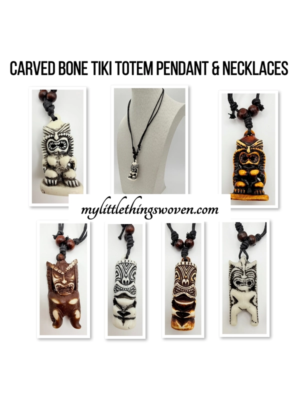 Carved Hawaiian Tiki Man Totem Pendant & Necklace Real Bone