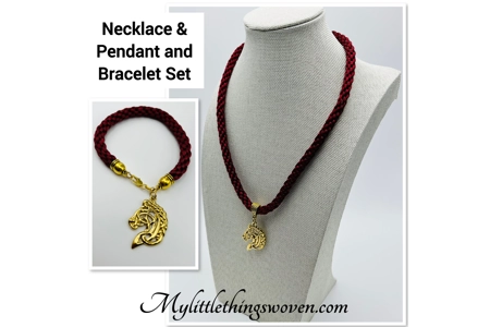 Horse Head Pendant Necklace And Bracelet, Red  2 piece set Gold Plated