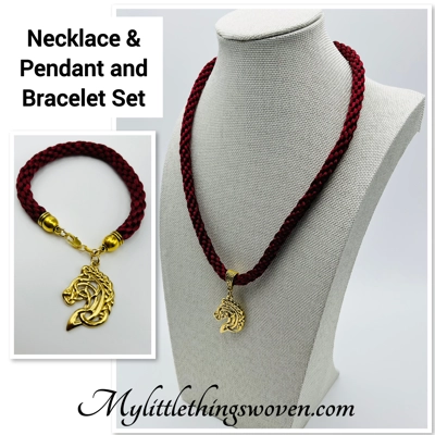 Horse Head Pendant Necklace And Bracelet, Red  2 piece set Gold Plated