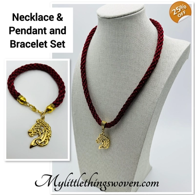 Horse Head Pendant Necklace And Bracelet, Red  2 piece set Gold Plated