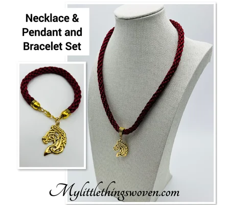 Horse Head Pendant Necklace And Bracelet, Red 2 piece set Gold Plated