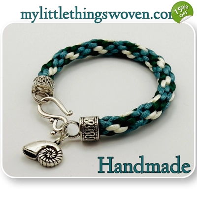 Teal Multicoloured Kumihimo Braided Bracelet with Silver Conch Shell Dangle Charm