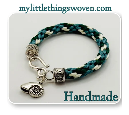 Teal Multicoloured Kumihimo Braided Bracelet with Silver Conch Shell Dangle Charm
