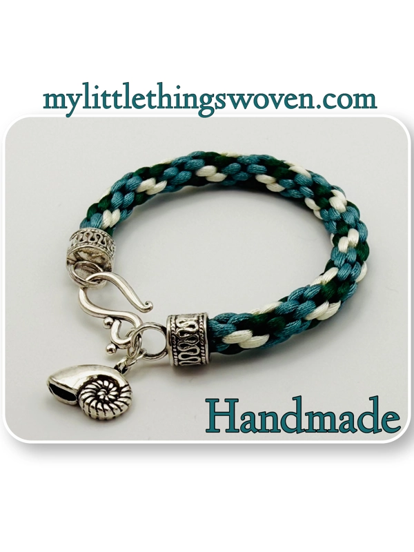 Teal Multicoloured Kumihimo Braided Bracelet with Silver Conch Shell Dangle Charm