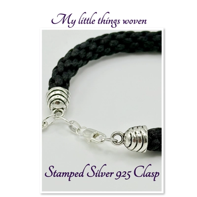 Black Snake Charm Bracelet Kumihimo Cord Braid, Real Silver