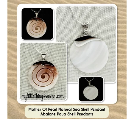 Mother Of Pearl Natural Sea Shell Pendant Shell Pendants on Sterling Silver Snake Chain