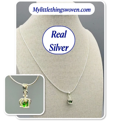 Faux Emerald Crown Pendant & Necklace, Sterling Silver 925, Snake Chain, Adjustable