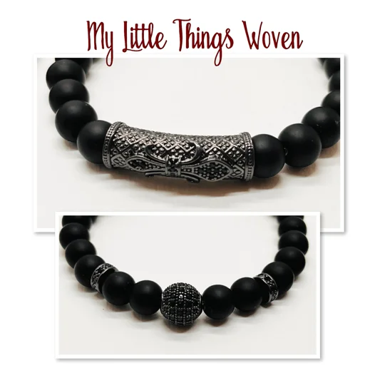 Men's Pave CZ Black 8mm Stone Beaded Bracelet with Chrystal Bail Charms