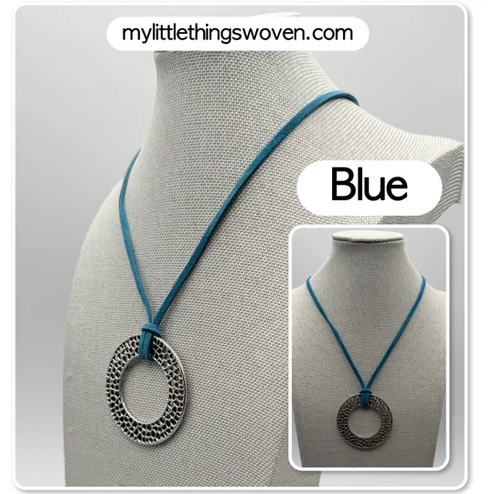 Silver Open Circle Pendant/Necklace, Suede Leather Cord - Blue/Grey