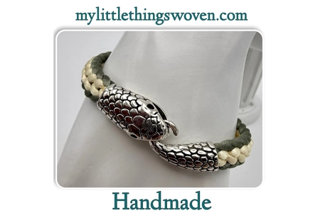 Men's Green & Cream Flat Braided Silver Snake Bracelet