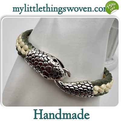 Men's Green & Cream Flat Braided Silver Snake Bracelet