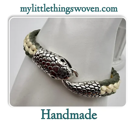 Men's Green & Cream Flat Braided Silver Snake Bracelet