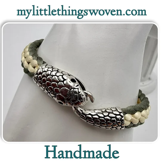 Men's Green & Cream Flat Braided Silver Snake Bracelet