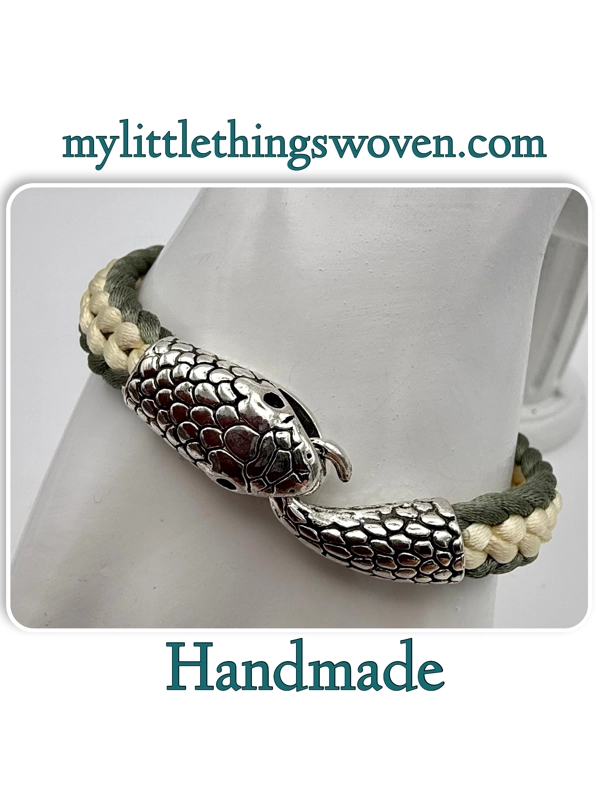 Men's Green & Cream Flat Braided Silver Snake Bracelet