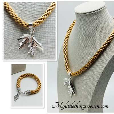 Leaf Pendant & Necklace And Charm Bracelet, Handwoven Silk,Silver