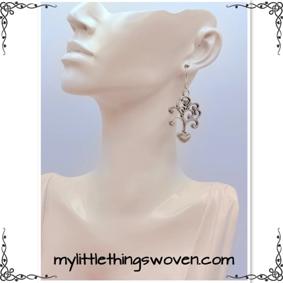 Silver Love Heart Tree Dangle Drop Earrings