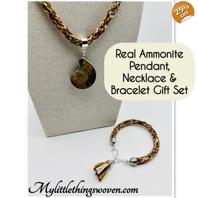 Brown Ammonite Fossil Necklace & Pendant + Bracelet 2 piece set Handmade Brown Multi