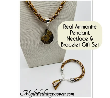 Brown Ammonite Fossil Necklace & Pendant + Bracelet 2 piece set Handmade Brown Multi