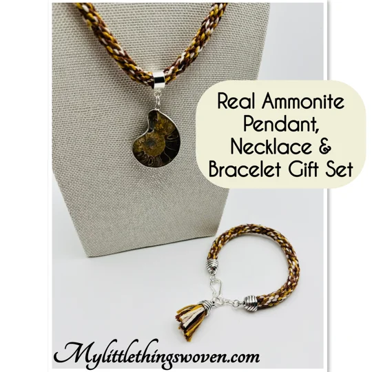 Brown Ammonite Fossil Necklace & Pendant + Bracelet 2 piece set Handmade Brown Multi