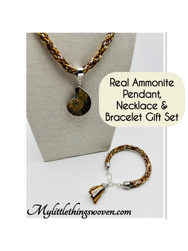 Brown Ammonite Fossil Necklace & Pendant + Bracelet 2 piece set Handmade Brown Multi