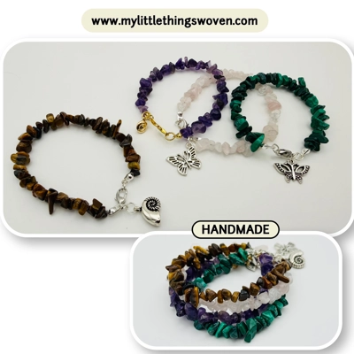 Quartz semi precious chipped gemstone bracelets with choice of dangle charm