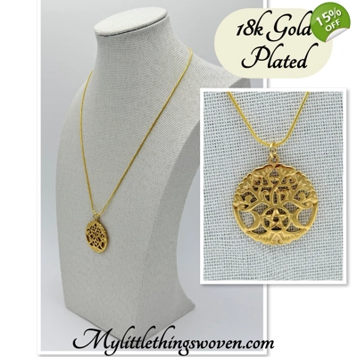 Tree of life with pentagram & moons pendant and necklace 18k gold plated
