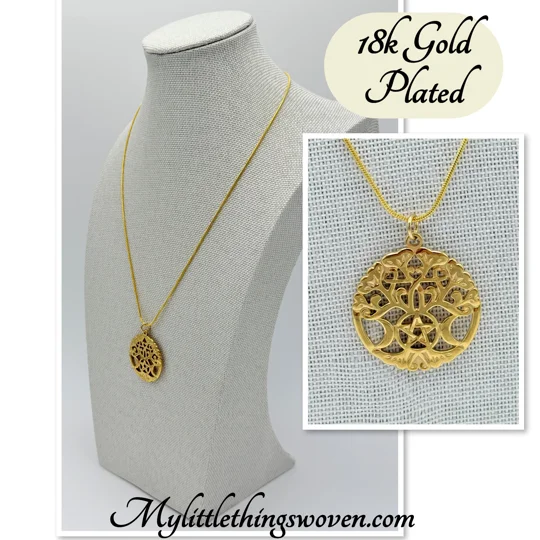 Tree of life with pentagram & moons pendant and necklace 18k gold plated