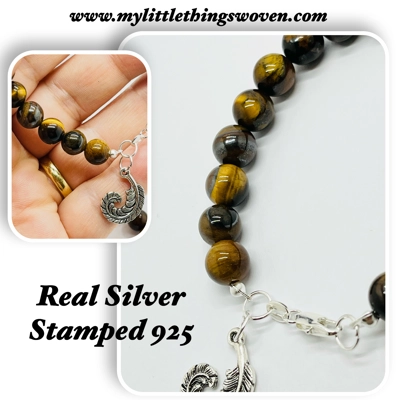 Tigers Eye Natural Stone Bead Bracelet choice of dangle charm Silver925