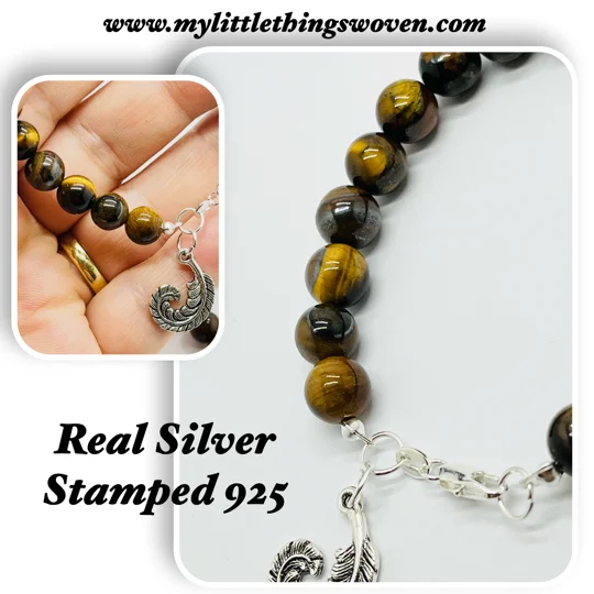 Tigers Eye Natural Stone Bead Bracelet choice of dangle charm Silver925