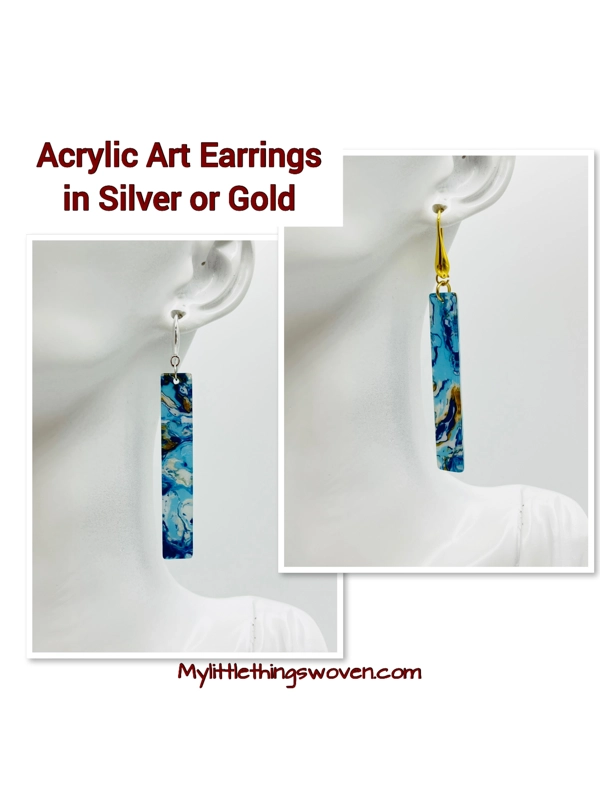 Blue Marble Dangle Drop Earrings, Gold or Silver