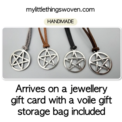 Men's Silver Pentagram Pendant/Necklace, Real Leather Cord - Choice of Colours, Men's Silver Pentagram Pendant/Necklace, Real Leather Cord - Choice of Colours,