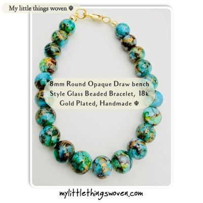 Turquoise/Gold 8mm Round Opaque Glass Draw bench Style Beaded Bracelet, Gold Plated, Handmade