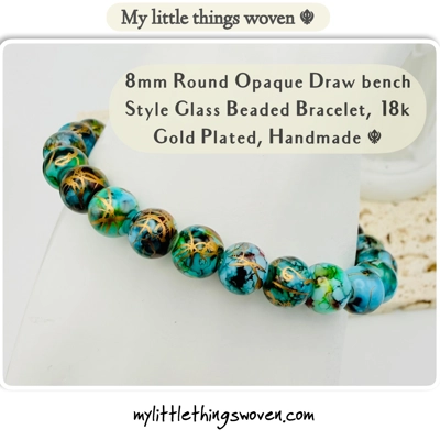 Turquoise/Gold 8mm Round Opaque Glass Draw bench Style Beaded Bracelet, Gold Plated, Handmade