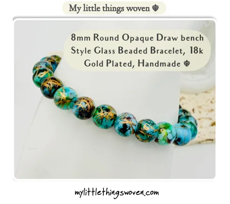 Turquoise/Gold 8mm Round Opaque Glass Draw bench Style Beaded Bracelet, Gold Plated, Handmade