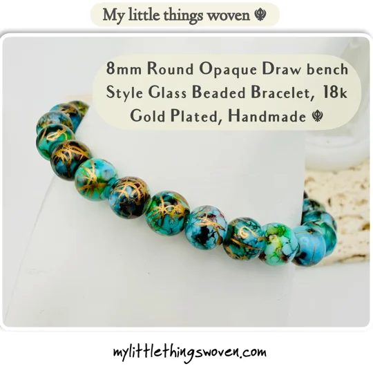 Turquoise/Gold 8mm Round Opaque Glass Draw bench Style Beaded Bracelet, Gold Plated, Handmade