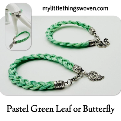 Pastel Green Braided Bracelet with Silver Dangle Charms: Leaf 0r Butterfly