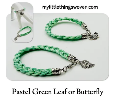 Pastel Green Braided Bracelet with Silver Dangle Charms: Leaf 0r Butterfly