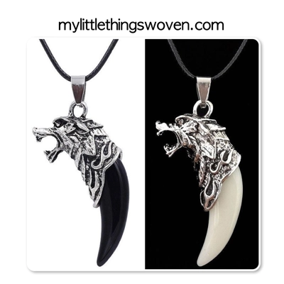 Silver Wolf Teeth Pendant Necklace, White Silver Wolf Teeth Pendant Necklace, White