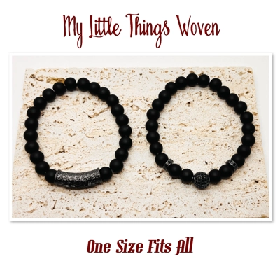 Men's Pave CZ Black 8mm Stone Beaded Bracelet with Chrystal Bail Charms